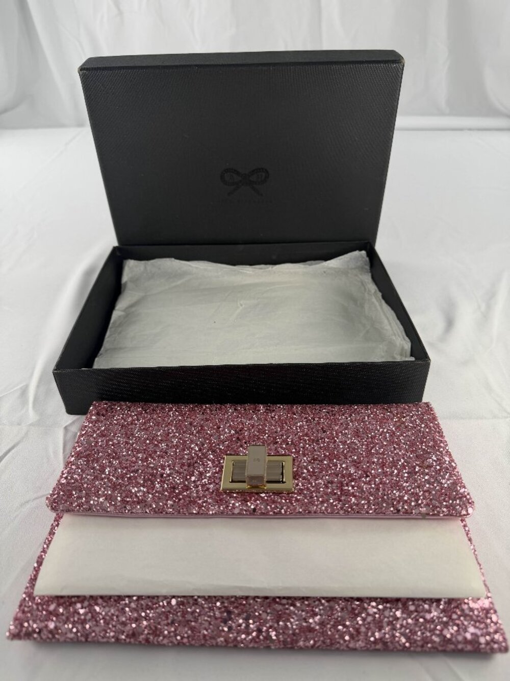 Anya Hindmarch Valorie Pink Glitter Clutch with Box